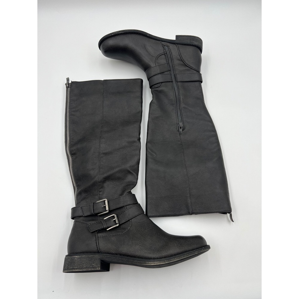 JustFab Fayla Black Faux Leather Tall Riding Boots Size 8 Buckle Round Toe